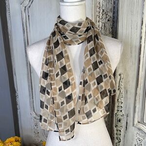 Geometric Patterned Sheer Scarf in Beige and Black and White Geometric Paytern